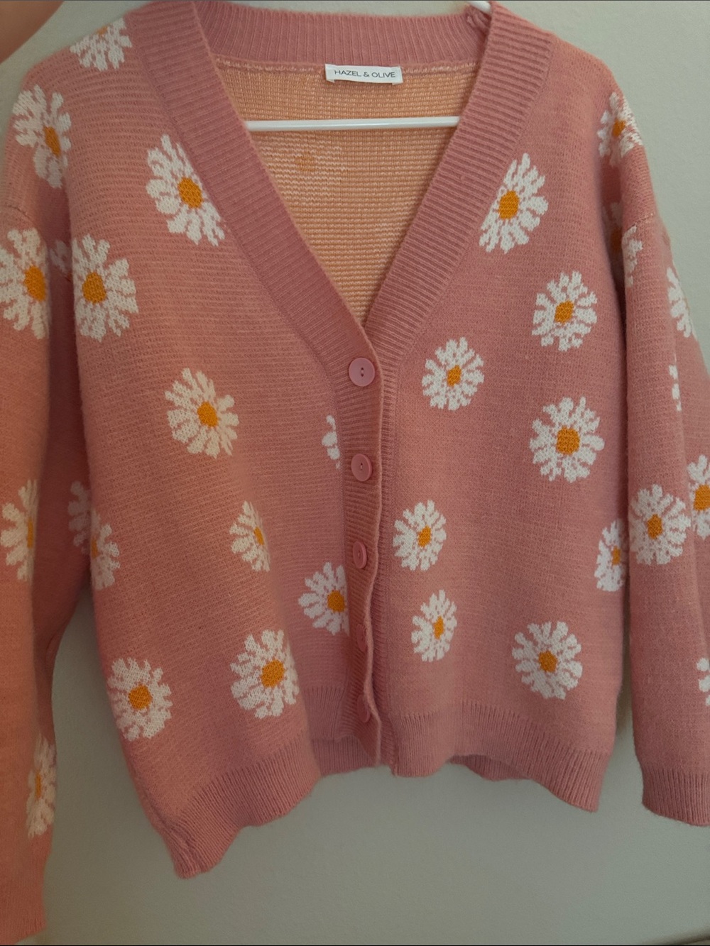 Hazel & Olive Pink Daisy V-Neck Button Cardigan